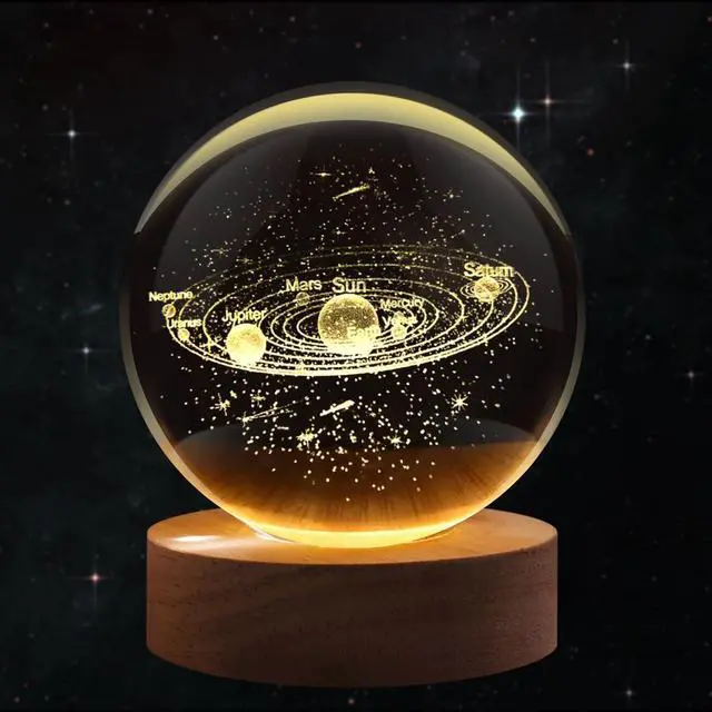 Main image of 3D Solar System Crystal Ball Night Light - LED Light Hologram Glass Lamp with Solid Wood Base, USB Powered Crystal Ball Lamp w/Adjustable Brightness for Home Decor Display Gift,2.4inch(60mm)