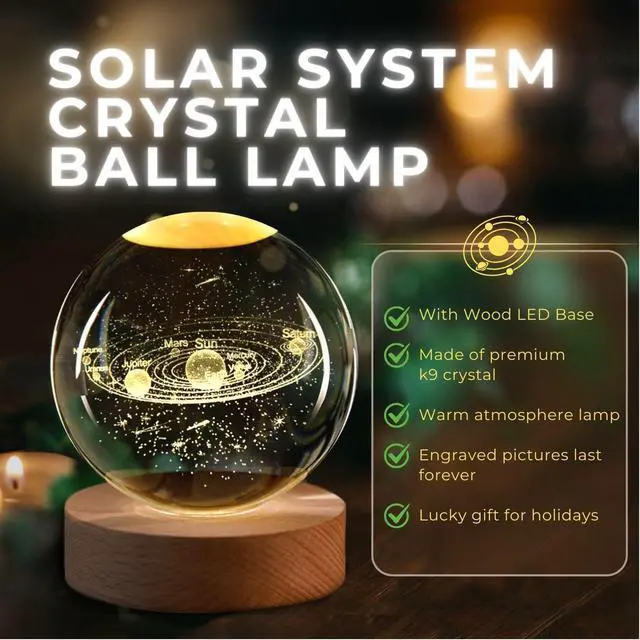 Alt view image 2 of 7 - 3D Solar System Crystal Ball Night Light - LED Light Hologram Glass Lamp with Solid Wood Base, USB Powered Crystal Ball Lamp w/Adjustable Brightness for Home Decor Display Gift,2.4inch(60mm)