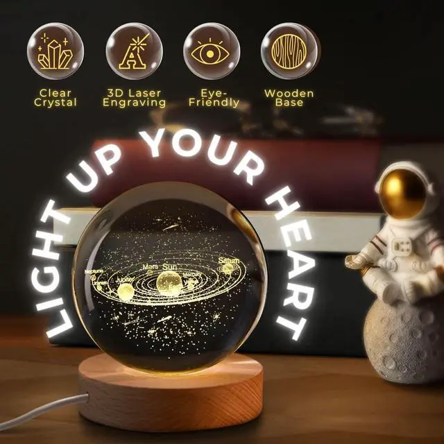 Alt view image 3 of 7 - 3D Solar System Crystal Ball Night Light - LED Light Hologram Glass Lamp with Solid Wood Base, USB Powered Crystal Ball Lamp w/Adjustable Brightness for Home Decor Display Gift,2.4inch(60mm)