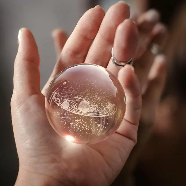 Alt view image 4 of 7 - 3D Solar System Crystal Ball Night Light - LED Light Hologram Glass Lamp with Solid Wood Base, USB Powered Crystal Ball Lamp w/Adjustable Brightness for Home Decor Display Gift,2.4inch(60mm)