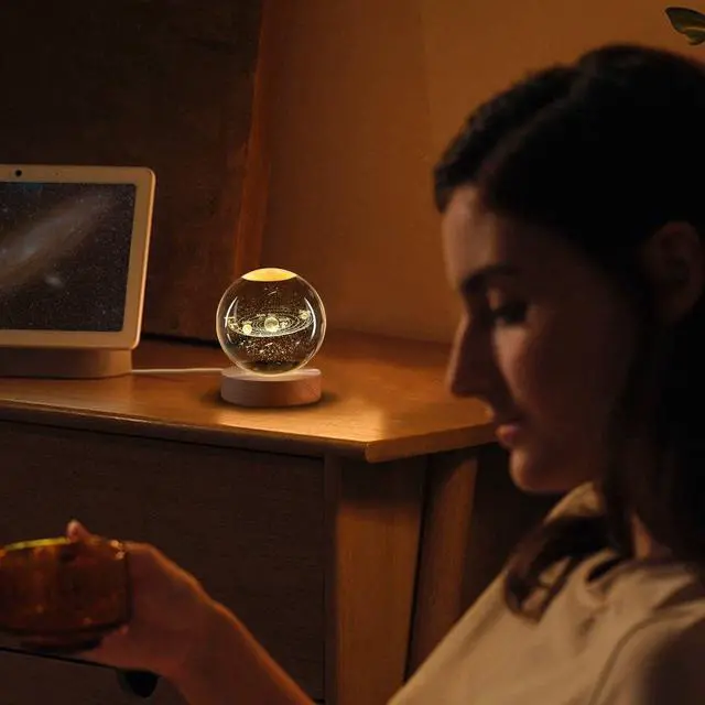 Alt view image 6 of 7 - 3D Solar System Crystal Ball Night Light - LED Light Hologram Glass Lamp with Solid Wood Base, USB Powered Crystal Ball Lamp w/Adjustable Brightness for Home Decor Display Gift,2.4inch(60mm)