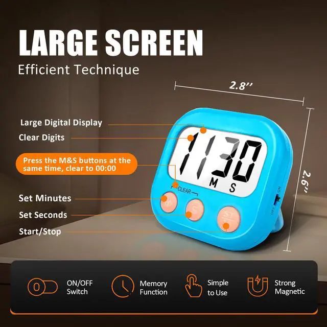 Alt view image 4 of 7 - Digital Kitchen Timers for Cooking, Timer for Kids 2 Pack Blue | Big Digits, Loud Alarm, Strong Magnetic, Large Screen, Count Down/Up, Classroom Timers for Teacher Supplies