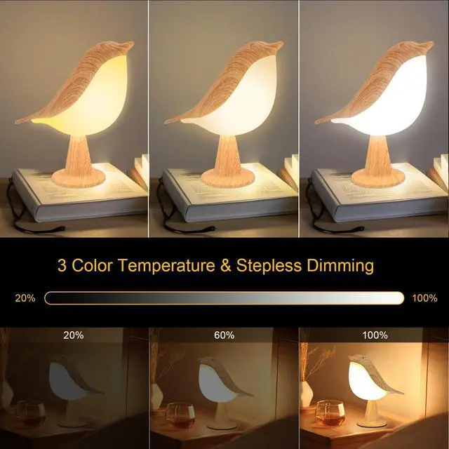 Alt view image 5 of 7 - Small Bird Table Lamp, 2600 mAh Cordless Desk Lamp, Touch Night Light with 3 Color, Small Lamps, Rechargeable Bedside Night Light, Hummingbird Lamps for Bedroom Nightstand Bedside Table