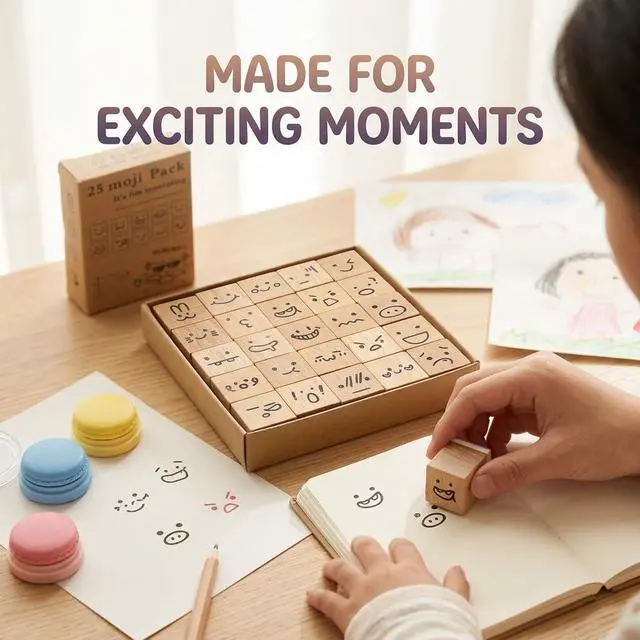 Alt view image 2 of 6 - 25 Pcs Mood Expression Wooden Rubber Stamps - Decorative Emoticon Icon Stamp Set for DIY Planner, Journaling, Scrapbooking, Aesthetic Stationery & Custom Card Making