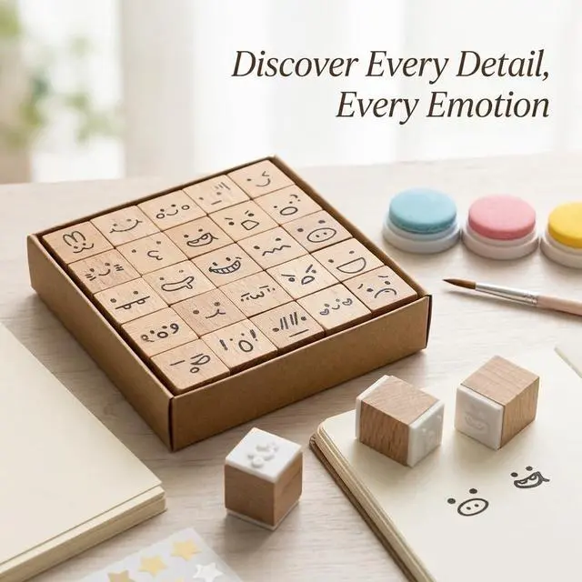 Alt view image 5 of 6 - 25 Pcs Mood Expression Wooden Rubber Stamps - Decorative Emoticon Icon Stamp Set for DIY Planner, Journaling, Scrapbooking, Aesthetic Stationery & Custom Card Making
