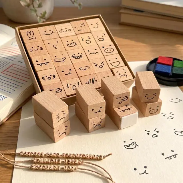 Alt view image 4 of 6 - 25 Pcs Mood Expression Wooden Rubber Stamps - Decorative Emoticon Icon Stamp Set for DIY Planner, Journaling, Scrapbooking, Aesthetic Stationery & Custom Card Making