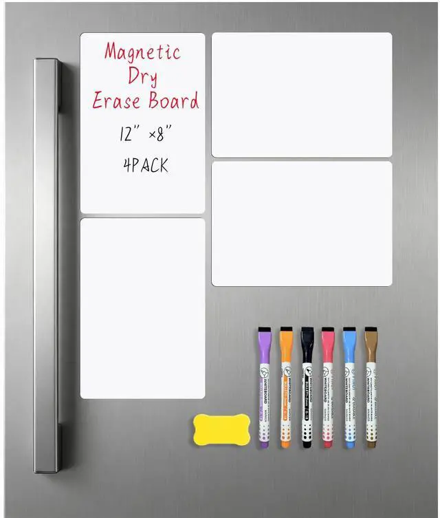 Main image of Magnetic Dry Erase Board for Fridge Small White Board 12"X8" 4Pack | Magnetic White Board with 6 Markers & 1 Eraser Fridge Whiteboard For Home Kitchen Organizer and Planner