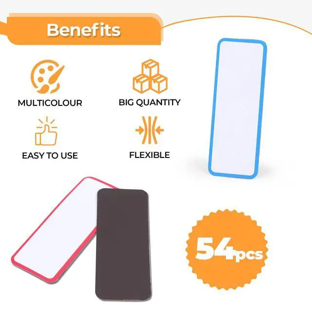 Alt view image 3 of 7 - 54pcs Magnetic Dry Erase Labels Reusable Colorful Name Tags | Flexible Reusable Magnetic Label Stickers for White Boards,Refrigerators and Lockers,Tags with Easy Writing Surface,3.2"x1.2"