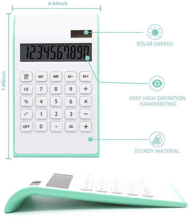 Alt view image 3 of 5 - Green Calculator, Cute Solar Calculator for Desk, Green Desk Accessories | 10 Digits LCD Display, Green Desk Calculator, Palm-Sized Portable Design for Office&School, Dual Powered Pocket Calculator
