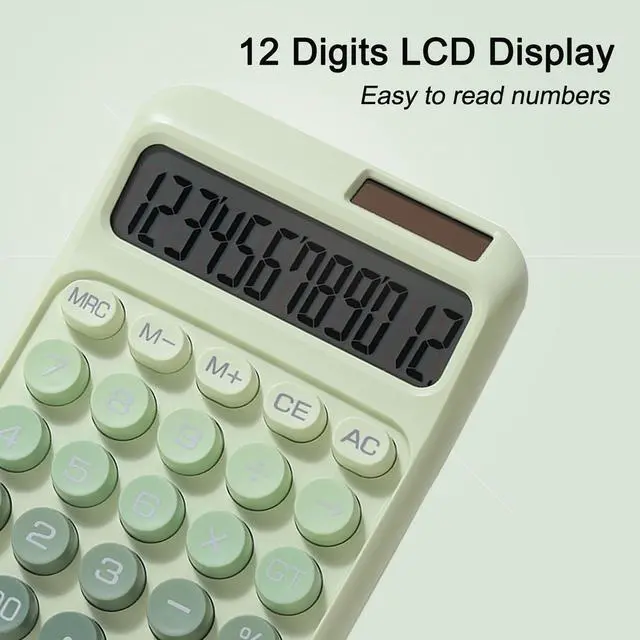 Alt view image 2 of 6 - Desk Calculator, Merchanical Big Buttons,12 Digits Large LCD Display Calculadora, Solar and Battery Dual Power, Battery Include, Cute Basic Calculator for School,Office,Home,Business (Green)