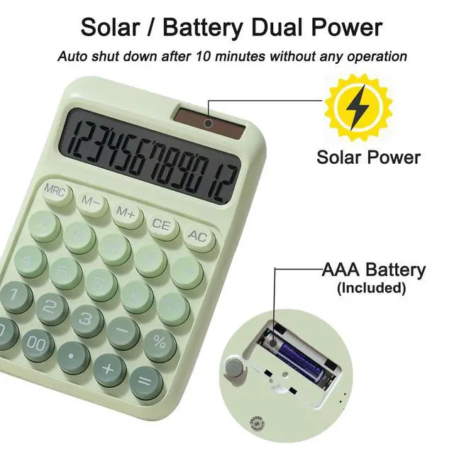 Alt view image 3 of 6 - Desk Calculator, Merchanical Big Buttons,12 Digits Large LCD Display Calculadora, Solar and Battery Dual Power, Battery Include, Cute Basic Calculator for School,Office,Home,Business (Green)