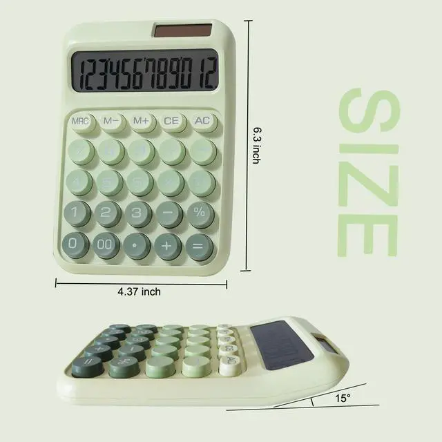 Alt view image 4 of 6 - Desk Calculator, Merchanical Big Buttons,12 Digits Large LCD Display Calculadora, Solar and Battery Dual Power, Battery Include, Cute Basic Calculator for School,Office,Home,Business (Green)