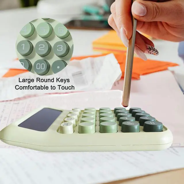 Alt view image 5 of 6 - Desk Calculator, Merchanical Big Buttons,12 Digits Large LCD Display Calculadora, Solar and Battery Dual Power, Battery Include, Cute Basic Calculator for School,Office,Home,Business (Green)