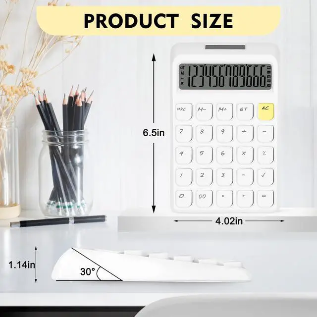 Alt view image 2 of 7 - Cute Calculator, Calculators Desktop, White Calculator Big Buttons | Solar and Battery Dual Power, 12-Digits Large LCD Display, Desk Calculators for Office Home School Basic Business (White)