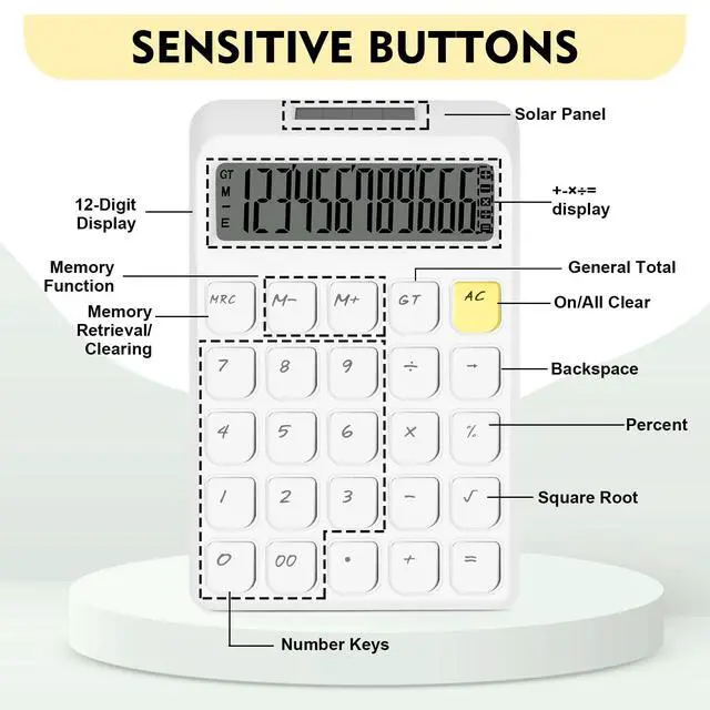 Alt view image 3 of 7 - Cute Calculator, Calculators Desktop, White Calculator Big Buttons | Solar and Battery Dual Power, 12-Digits Large LCD Display, Desk Calculators for Office Home School Basic Business (White)