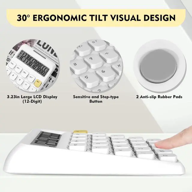 Alt view image 4 of 7 - Cute Calculator, Calculators Desktop, White Calculator Big Buttons | Solar and Battery Dual Power, 12-Digits Large LCD Display, Desk Calculators for Office Home School Basic Business (White)