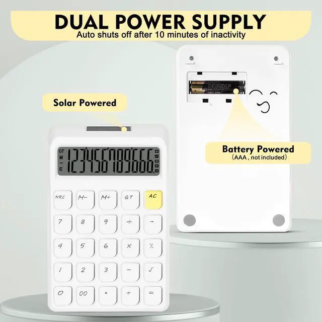 Alt view image 5 of 7 - Cute Calculator, Calculators Desktop, White Calculator Big Buttons | Solar and Battery Dual Power, 12-Digits Large LCD Display, Desk Calculators for Office Home School Basic Business (White)