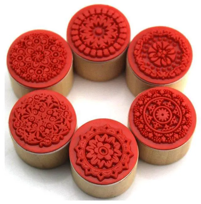 Main image of 6 Pieces Floral Pattern Round Wooden Rubber Stamp for Scrapbooking