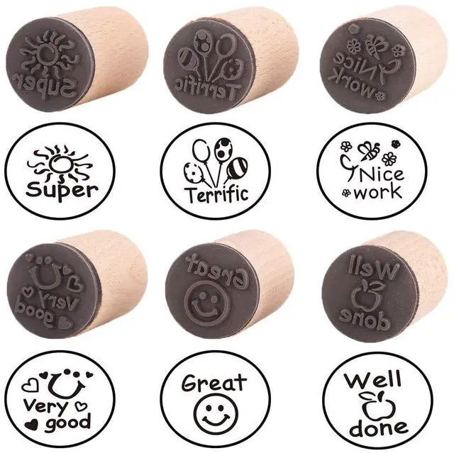 Main image of 6pcs Round Wood Rubber Stamp for School Teachers English Toy Stamp Au116s1p1us1