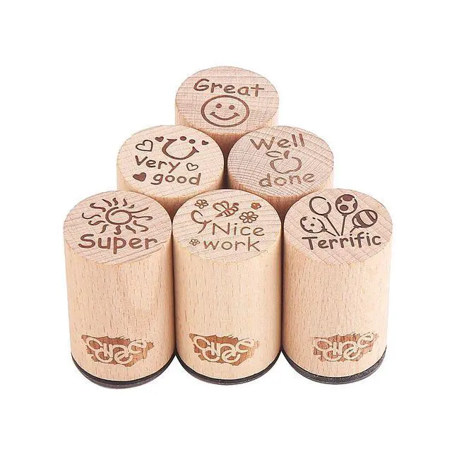 Alt view image 2 of 7 - 6pcs Round Wood Rubber Stamp for School Teachers English Toy Stamp Au116s1p1us1