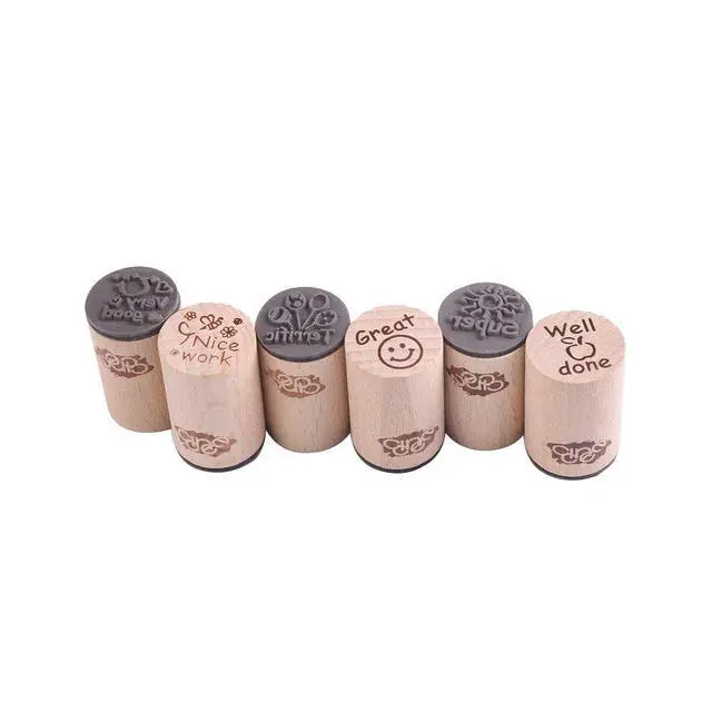 Alt view image 3 of 7 - 6pcs Round Wood Rubber Stamp for School Teachers English Toy Stamp Au116s1p1us1