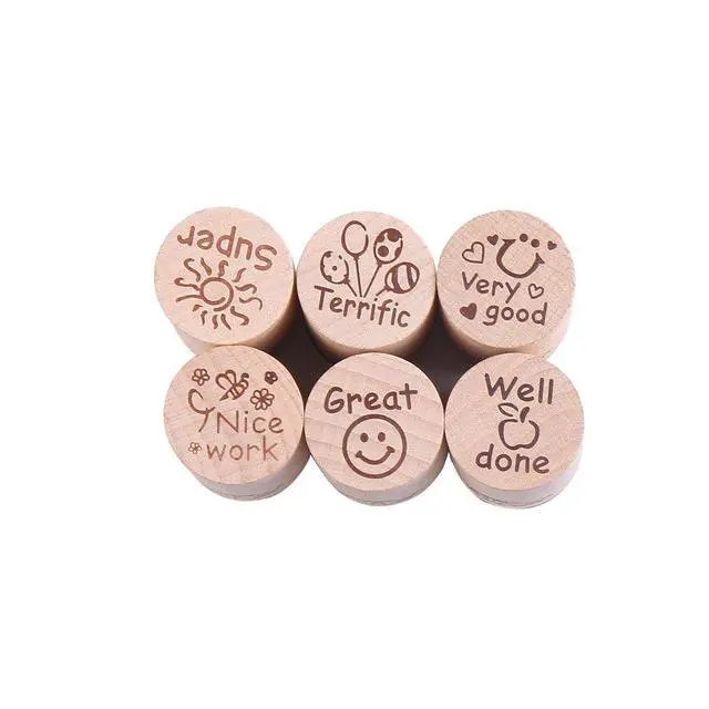 Alt view image 4 of 7 - 6pcs Round Wood Rubber Stamp for School Teachers English Toy Stamp Au116s1p1us1