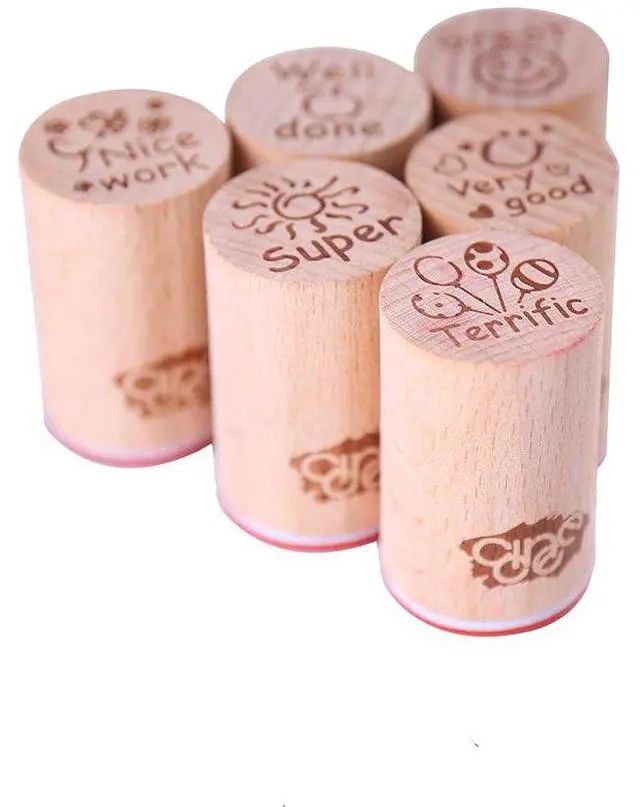 Alt view image 6 of 7 - 6pcs Round Wood Rubber Stamp for School Teachers English Toy Stamp Au116s1p1us1