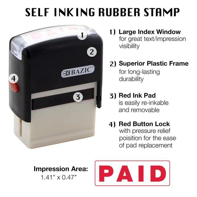 Alt view image 3 of 7 - Paid Self-Inking Rubber Stamp, Red Ink | Removable, Replaceable ink pad for marking invoices and receipts