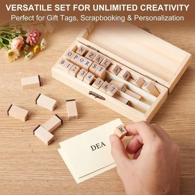 Alt view image 3 of 7 - 42PCS Vintage Wooden Rubber Letter Stamps Set, Alphabet & Number & Symbol Stamps with Storage Case for DIY Crafts, Scrapbooking, Card Making, Art Projects and More