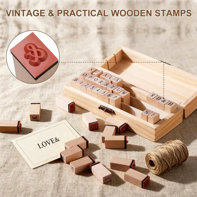 Alt view image 4 of 7 - 42PCS Vintage Wooden Rubber Letter Stamps Set, Alphabet & Number & Symbol Stamps with Storage Case for DIY Crafts, Scrapbooking, Card Making, Art Projects and More