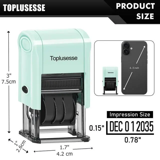 Alt view image 2 of 6 - Date Stamp Self Inking Dater Stamp for Business 12 Year Band Mint Green Mount Black Ink 2026-2037