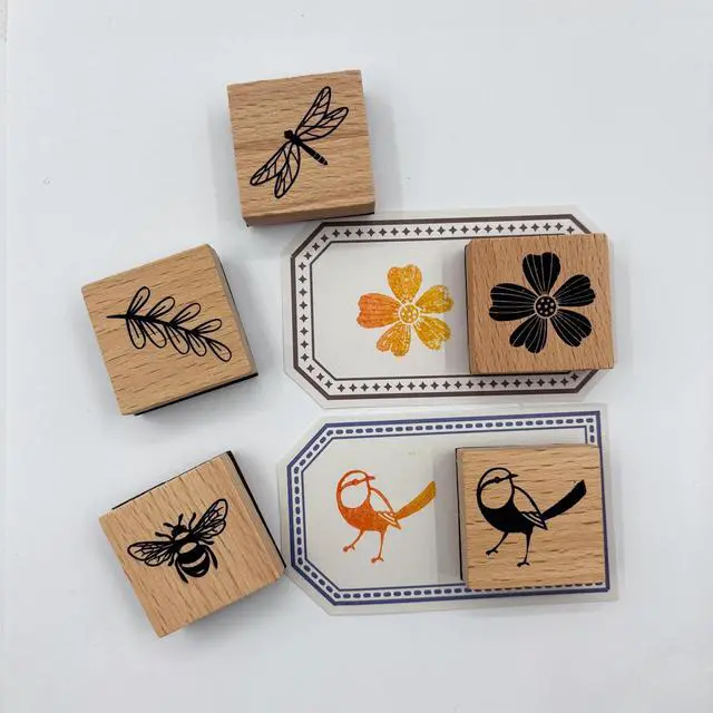 Alt view image 2 of 7 - 9Pcs Vintage Wood Rubber Stamp Butterfly Bird Ladybird and Plant Retro Decorative Mounted Wooden Rubber Stamp Set for DIY Art and Craft Journals Scrapbooking