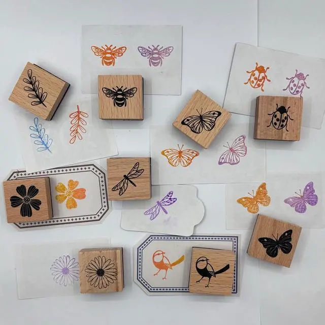 Alt view image 3 of 7 - 9Pcs Vintage Wood Rubber Stamp Butterfly Bird Ladybird and Plant Retro Decorative Mounted Wooden Rubber Stamp Set for DIY Art and Craft Journals Scrapbooking