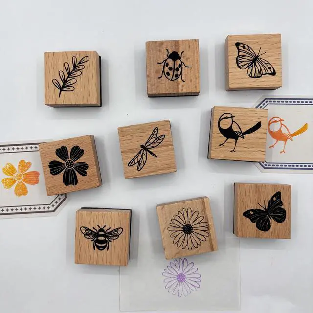 Alt view image 5 of 7 - 9Pcs Vintage Wood Rubber Stamp Butterfly Bird Ladybird and Plant Retro Decorative Mounted Wooden Rubber Stamp Set for DIY Art and Craft Journals Scrapbooking