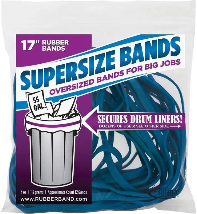Main image of Rubber 08995 SuperSize Bands, 17" Blue Large Heavy Duty Latex Rubber Bands (4 ounce resealable bag contains approx. 12 bands)