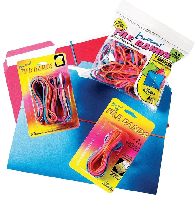 Main image of Rubber 07800 Non-Latex Brites File Bands, Colored Elastic Bands, 50 Count (Pack of 1) (7" x 1/8", Assorted Bright Colors in Resealable Bag),Blue/Orange/Pink