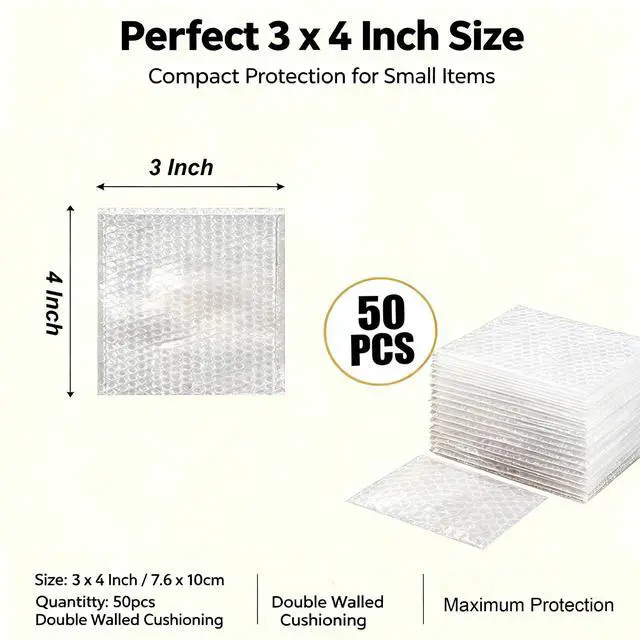 Alt view image 2 of 7 - 3x4Inch Bubble Out Bags 50pcs, Double Walled Cushioning Pouches Bag | Lightweight Durable Shockproof Cushioning Protection For Packing, Moving, Shipping and Storage