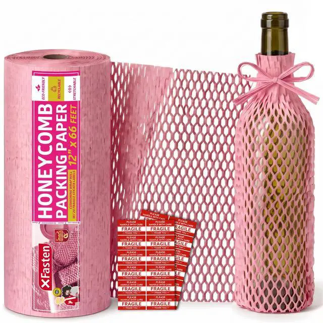 Main image of Pink Honeycomb Packing Paper for Moving 12-Inch x 66-Feet Bubble Honeycomb Wrap, Honeycomb Wrapping Paper for Packing Cushion with 20 Fragile Stickers Packing Supplies
