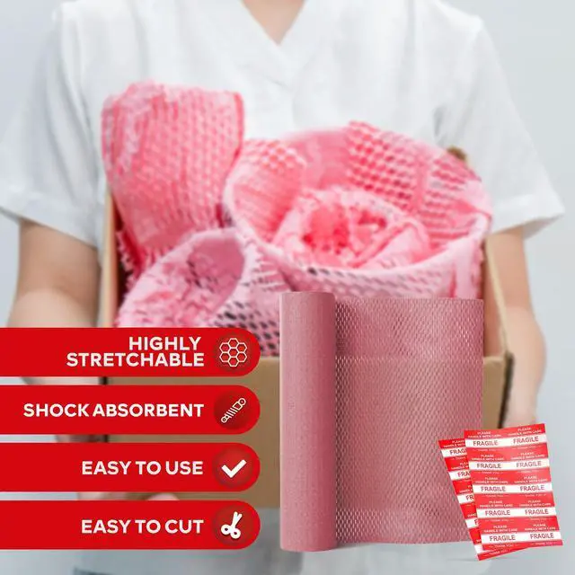 Alt view image 2 of 7 - Pink Honeycomb Packing Paper for Moving 12-Inch x 66-Feet Bubble Honeycomb Wrap, Honeycomb Wrapping Paper for Packing Cushion with 20 Fragile Stickers Packing Supplies
