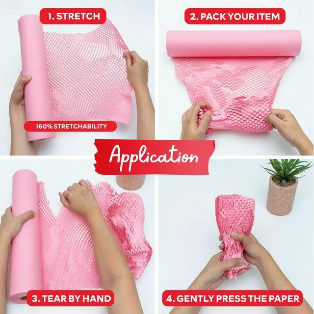 Alt view image 4 of 7 - Pink Honeycomb Packing Paper for Moving 12-Inch x 66-Feet Bubble Honeycomb Wrap, Honeycomb Wrapping Paper for Packing Cushion with 20 Fragile Stickers Packing Supplies