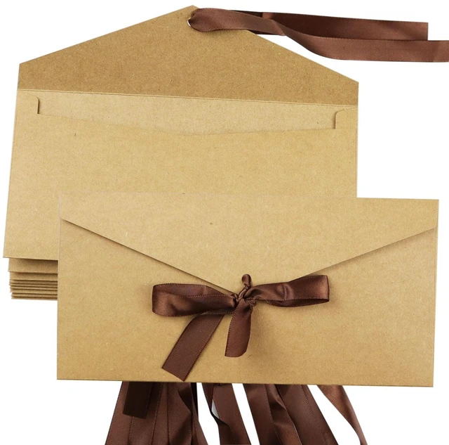 Main image of 10 Pack Kraft Paper Envelopes with Ribbons, Invitation Greeting Envelopes for Festival and Party - Brown