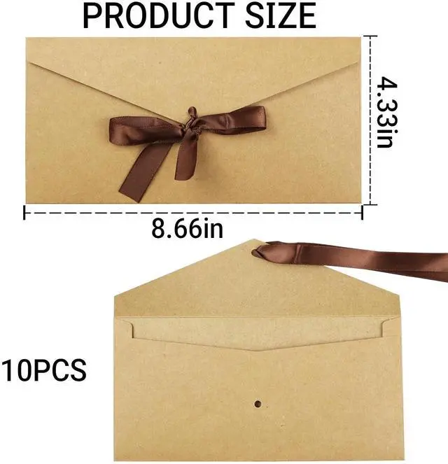 Alt view image 5 of 7 - 10 Pack Kraft Paper Envelopes with Ribbons, Invitation Greeting Envelopes for Festival and Party - Brown