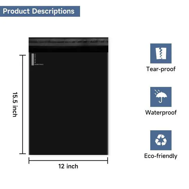 Alt view image 2 of 7 - Black Poly Mailers 12x15.5 in, Shipping Bags, 100 Pcs | Shipping bags for clothes and mailing bags for packing shirts, hoodies, and apparel.