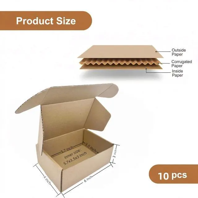 Alt view image 2 of 6 - Small Sturdy Cardboard Box 6x4x3 Inch Mailing Corrugated Boxes Set of 10 | Business Packaging Carton for Storage and Shipping