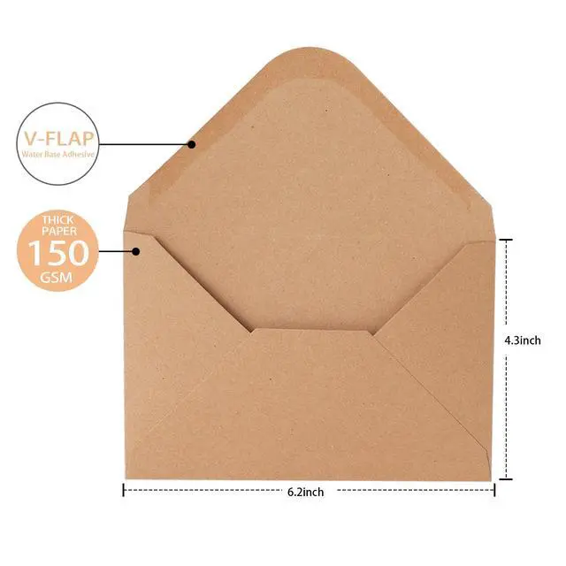 Alt view image 2 of 6 - V-flap Kraft Envelopes, 50 Pack, 4 x 6 Inch, A4 Envelopes, Card Envelopes, Brown Envelopes, Kraft Paper Envelopes for Invitations, Postcard Envelopes, Water Base Adhesive, Gummed Flap