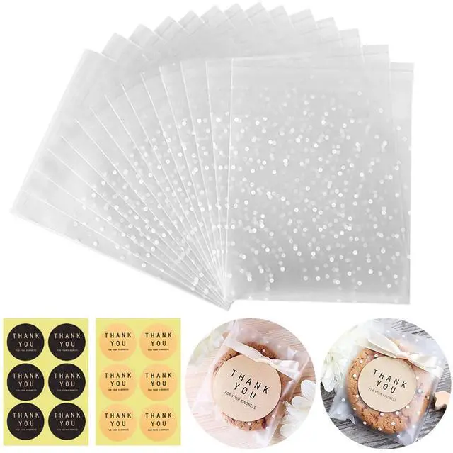 Main image of Self Adhesive Cookie Cellophane Treat Bags with Seal 4x4 Inches, 4 Mils Self Sealing Resealable Plastic Packaging Bags with Thank You Labels for Gift Giving Party Favor Bakery Candy Chocolate 100 Pcs
