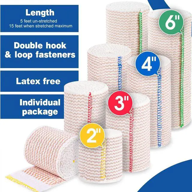Alt view image 2 of 6 - Premium 8 Pack Elastic Bandage Wrap (2x2", 2x3", 2x4", 2x6"), Compression Wrap Bandage for Legs, Ankle, Knee, Tummy, Body, Latex-Free, Lymphedema Wraps for Legs