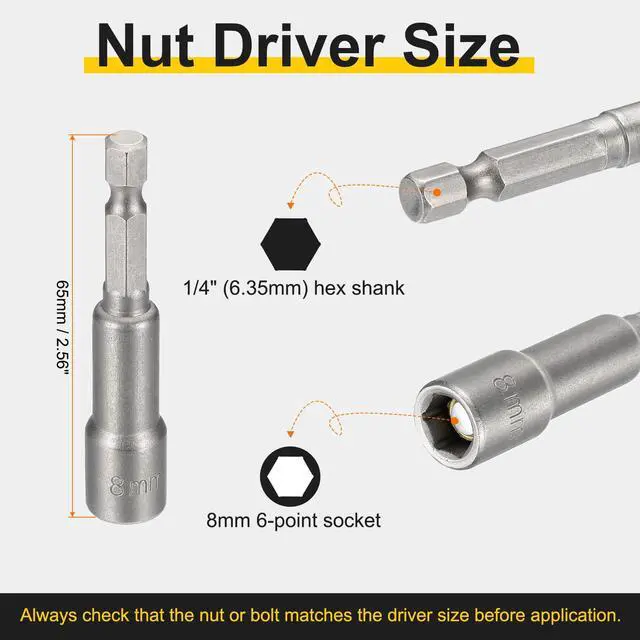 Alt view image 2 of 7 - Nut Driver Drill Bit 8mm Metric Socket 1/4" Hex Shank 2.56" (65mm) Magnetic 6-Point Sockets Quick Change Cr-V Steel Bolt Setters for Power Drill Drivers, Gray
