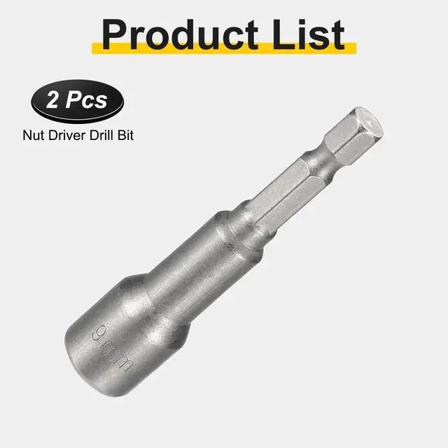 Alt view image 3 of 7 - 2pcs Nut Driver Drill Bit 9mm Metric Socket 1/4" Hex Shank 2.56" (65mm) Magnetic 6-Point Sockets Quick Change Cr-V Steel Bolt Setters for Power Drill Drivers, Gray