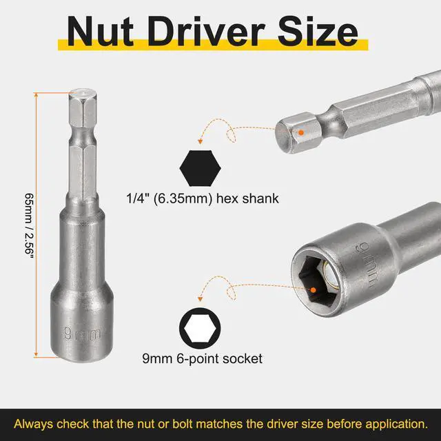 Alt view image 2 of 7 - 2pcs Nut Driver Drill Bit 9mm Metric Socket 1/4" Hex Shank 2.56" (65mm) Magnetic 6-Point Sockets Quick Change Cr-V Steel Bolt Setters for Power Drill Drivers, Gray